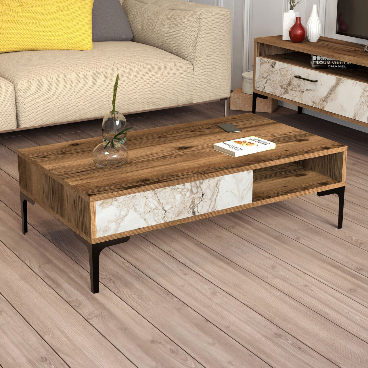 Masuta de cafea, Hanah Home, Istanbul, 105x32.6x60 cm, Nuc/Alb - imagine 6